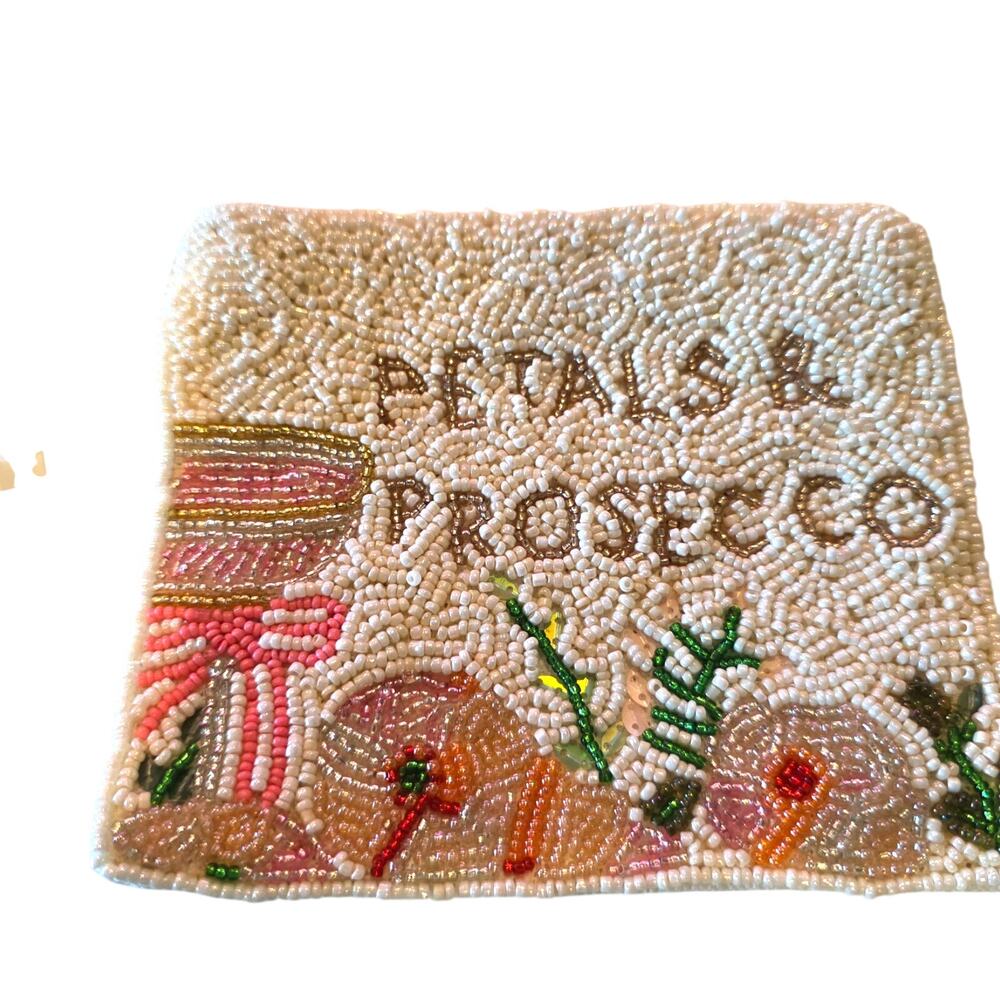 NWT FRANCESCA'S PETALS & PROSECCO BEADED POM-POM ZIP POUCH
